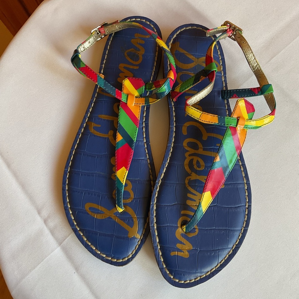 Sam Edelman Multicolor Strappy T-Strap Sandals with Blue Footbed very Boho